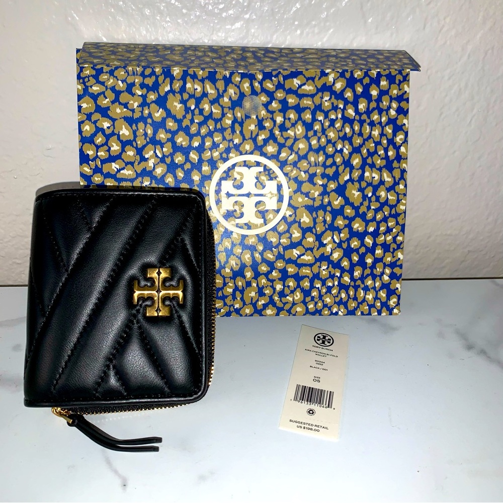 Tory Burch Kira Chevron Bifold Wallet Black Gold